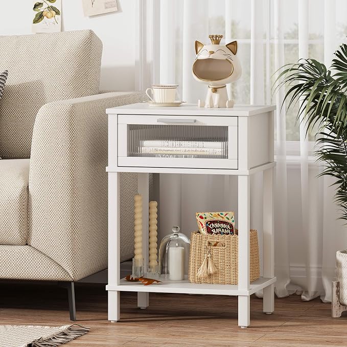 Nightstand Wooden Bedside Table with Drawer White Night Stands Modern Style Small End Table Side Table with Storage Shelf for Bedroom Living Room MLBZ10W - Image 5