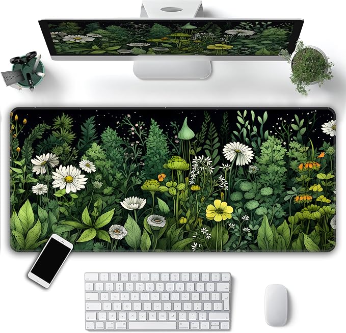 Green Vintage Plants Desk Mat, XXL 35.4"x15.7" Large Mouse Pad, Wildflowers Extended Gaming Mouse Mat,Non-Slip Rubber Base Waterproof with Stitched Edges for Gaming Office Home Decor - Image 2