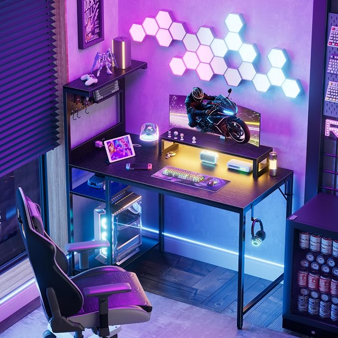 40 inch Small Gaming Desk with Pegboard Shelves Computer Desks with Led Lights Power Outlets PC Monitor Stand Reversible Storage Shelf Table for Bedroom Small Space, Black - Image 2