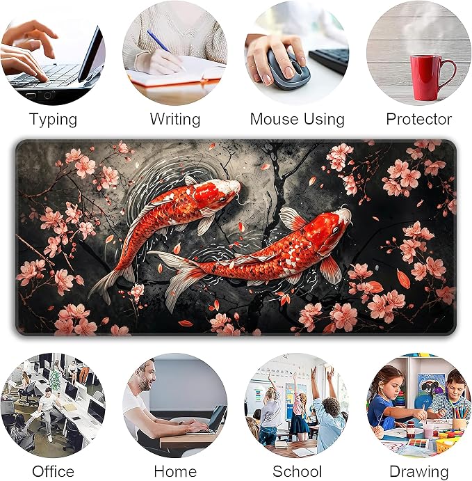 Koi Fish Desk Mat, XXL 35.4"x15.7" Large Mouse Pad, Japanese Cherry Blossoms Extended Gaming Mouse Mat,Non-Slip Rubber Base Waterproof with Stitched Edges for Gaming Office Home Decor - Image 6