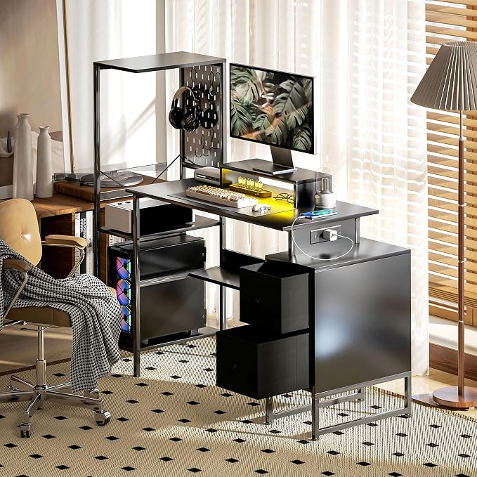 HOMCOM 56" Gaming Desk Monitor Stand Power Outlets LED Lights, Black | Computer Desk, Storage Shelves, Fabric Drawers, 2 CPU Stands, Pegboard, Home Office - Image 9