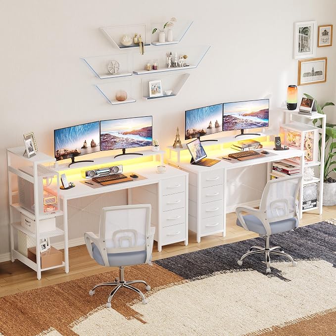 59 Inch Gaming Desk with Drawers & PC Tower Stand & LED Lights, White - Image 4