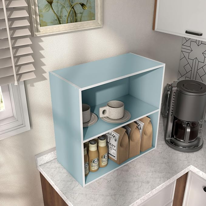 Homes: Inside + Out Apexa 2-Tier Cube Storage Organizer Shelves, Stackable Wood Bookcase Fits Cubby Bins for Organization, Dorm Teen Room Decor & Home Office, Light Blue - Image 8