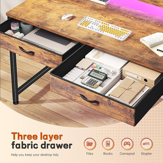 Gaming Desk with LED Lights & 2 Fabric Drawers, 39.4Inch Home Office Computer Desk with Side Pocket & Ergonomic Monitor Stand, Small Space Study Writing Table with Anti-Tip Design, Rustic Brown - Image 4
