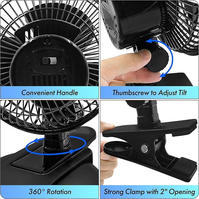 Comfort Zone CZ6XMBK 6” 2-Speed Combo Clip or Desk Fan with Removable Base, Strong Clamp for Firm Grip, Suitable for Bedroom, Office, or Dorm Room, Black - Image 6