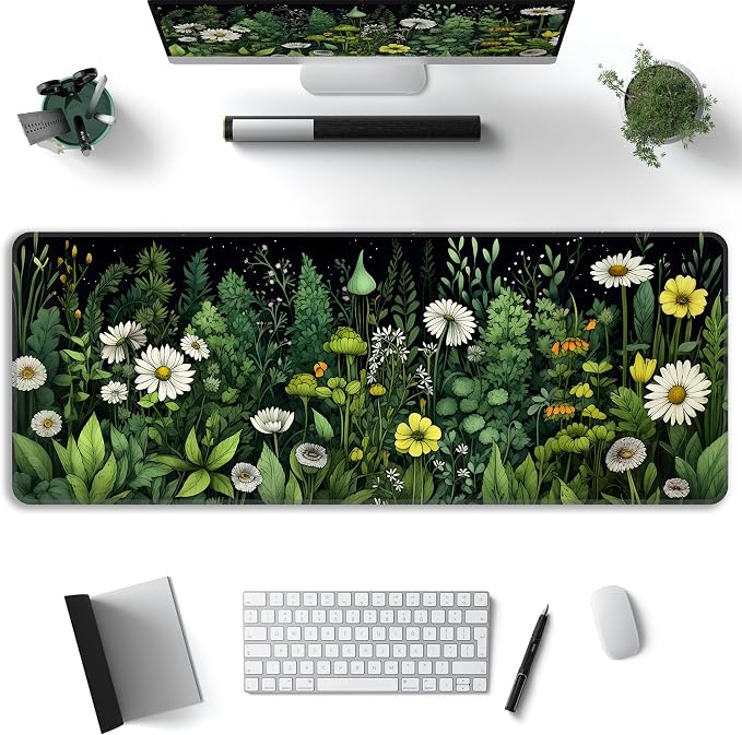 Green Vintage Plants Desk Mat, XL 31.5"x11.8" Large Mouse Pad, Wildflowers Extended Gaming Mouse Mat,Non-Slip Rubber Base Waterproof with Stitched Edges for Gaming Office Home Decor - Image 2