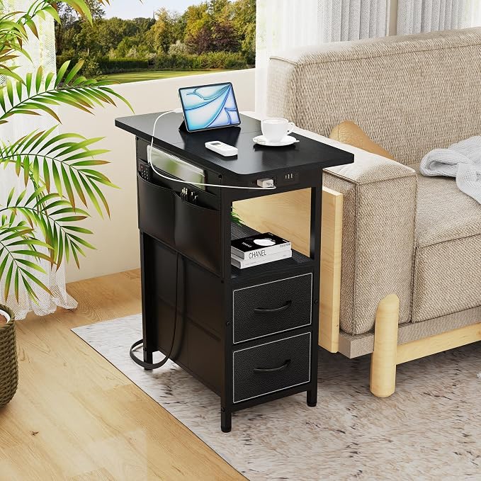 Yenlure Small Side Table with Charging Station, Narrow Nightstand Bedside Tables with Storage Pocket for Living Room Bedroom, Sofa End Table with USB Ports and Power Outlets for Small Spaces - Image 7
