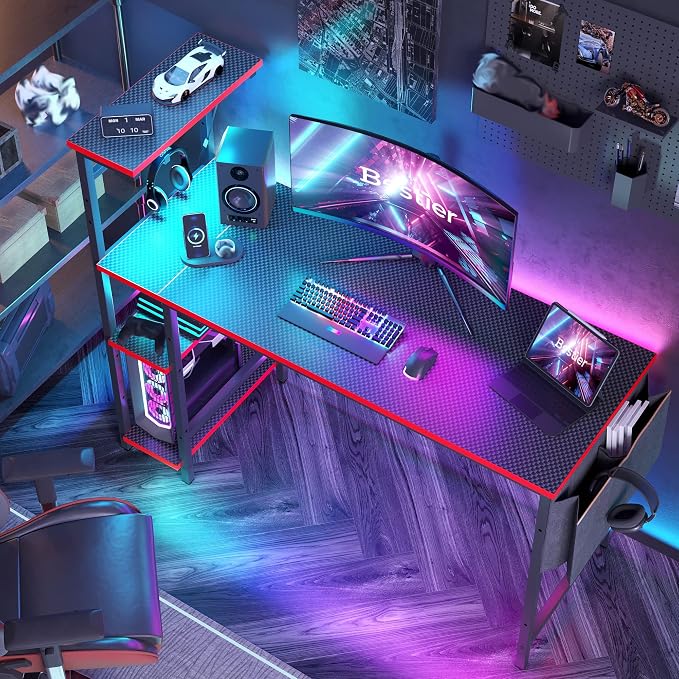 Bestier Gaming Desk with LED Lights, 51.3 Inch Computer Desk with 4 Tiers Reversible Shelves, Gamer Desk with Side Storage Bag, Hooks and Height Adjustable Shelf (Black Carbon Fiber) - Image 3