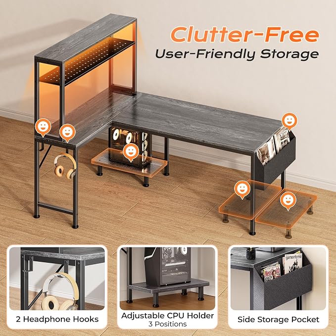 PRAISUN L Shaped Gaming Desk with LED Lights & Power Outlets | Reversible Computer Desk with Storage Shelves & Bag, Large Corner Home Office Desk with Pegboard for Work from Home, Grey - Image 9