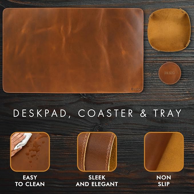 Elizo Real Leather Desk Mat Set (24X14) Large Desk Cover Desk Blotter Protector Computer Gaming Mouse Pad Table Laptop Office Desktop Accessories Antique - Image 5