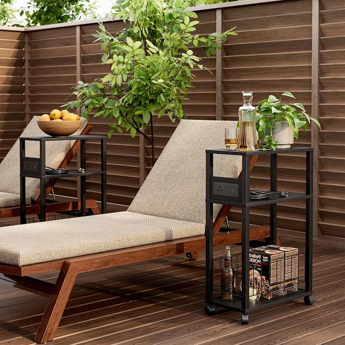 Rolling Side Table with Wheels, Narrow End Table with Charging Station - Image 7