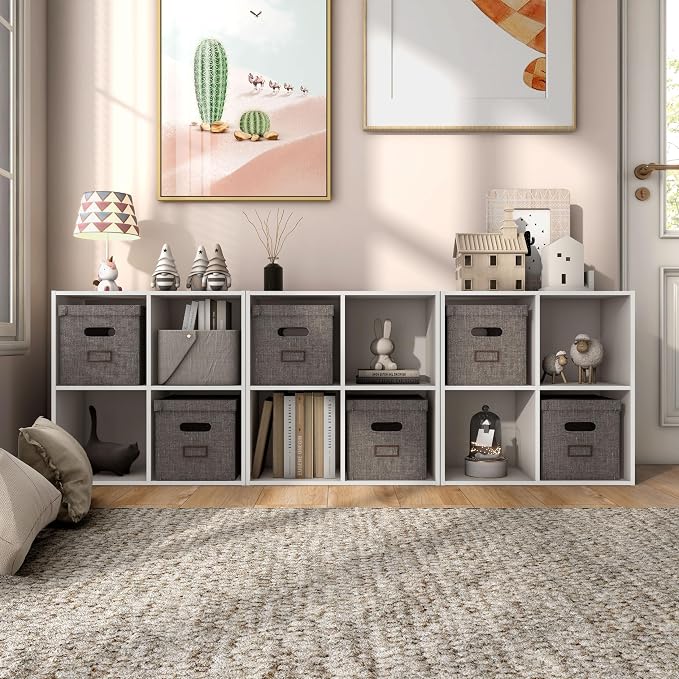 Homes: Inside + Out Apexa 4-Cube Storage Organizer Shelves, Stackable Wood Bookcase Fits Cubby Bins for Organization, Dorm Teen Room Decor & Home Office, Taupe Grey - Image 2