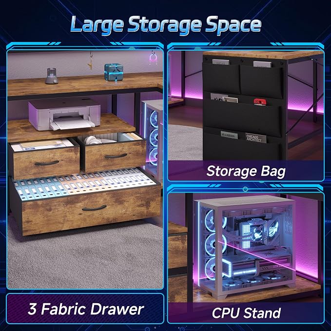 busyeah U-Shaped Gaming Desk with Storage Shelves & 3 Drawers, Rustic Brown | Reversible Computer Desk with LED Lights & Charging Station, Gaming Desk with Hutch and Pegboard for Home Office, Gamers - Image 4