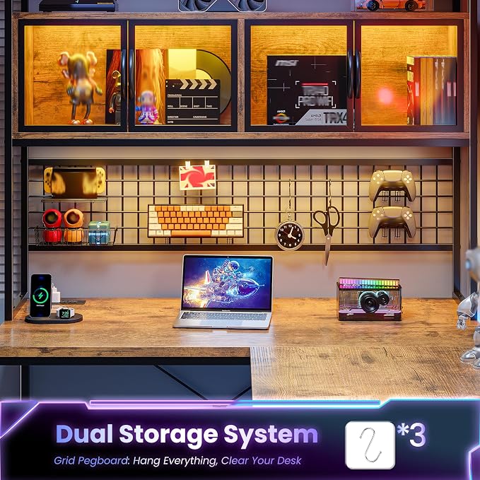 DurayLoly 67" L Shaped Gaming Corner Desk with LED Light, Hutch,Brown | Reversible Computer Desk with 2 Drawers,Storage Shelves,Pegboard with 3 Hooks,Power Outlet for Home Office,Bedroom - Image 9