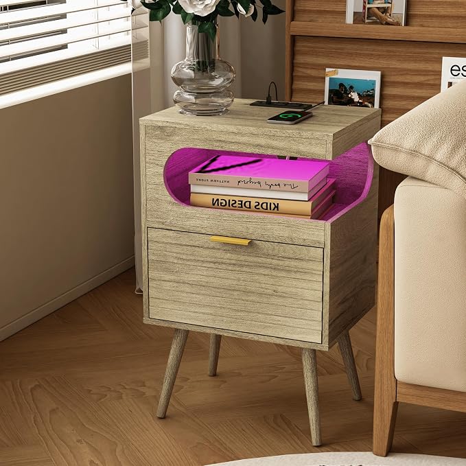 Veegle Nightstand,Modern Bedside Table with Storage Drawer and Open Wood Shelf, Accent Night Stand with Solid Wood Legs for Living Room, Bedroom and Small Spaces,Easy Assembly (Grey Oak-1) - Image 7