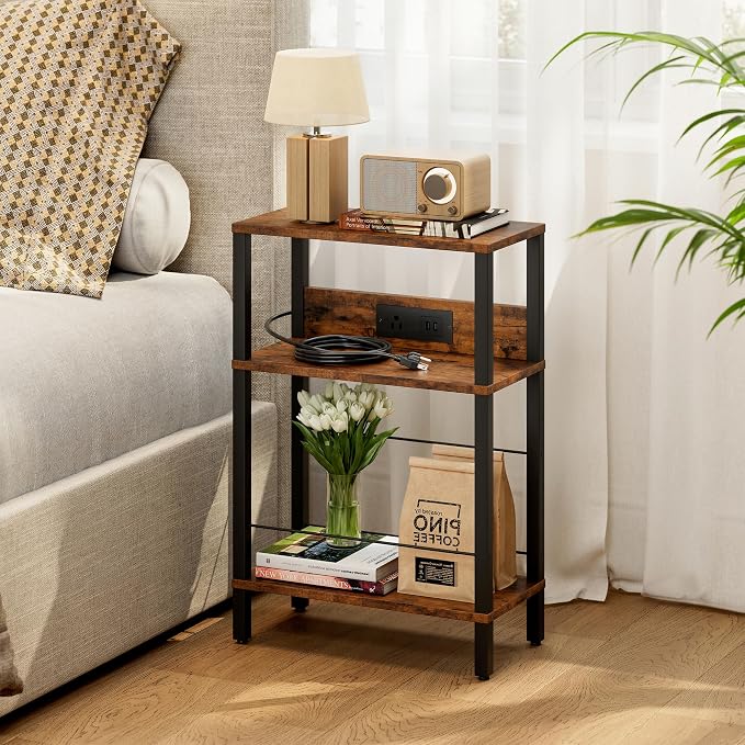 Narrow Nightstand with Charging Station,Rustic Brown Side Table with Outlet by DGSANDGPuttheCustomerFirst