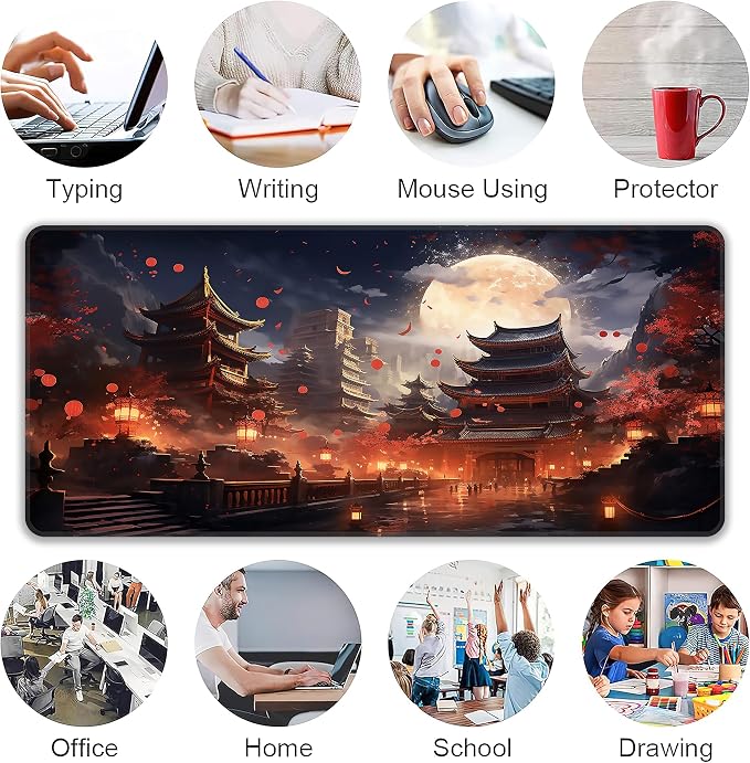 Japanese Desk Mat, XXL 35.4"x15.7" Large Mouse Pad, Full Moon Extended Gaming Mouse Mat,Non-Slip Rubber Base Waterproof with Stitched Edges for Gaming Office Home Decor - Image 6