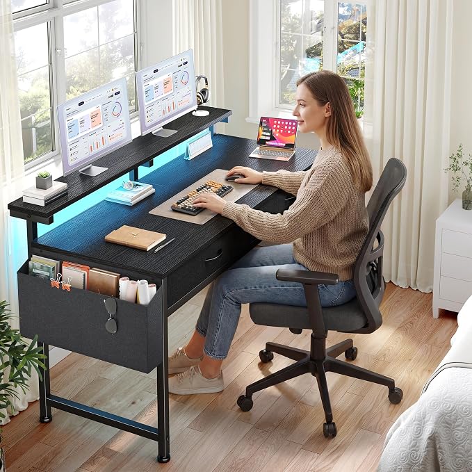 DurayLoly 47.3" Office Computer Desk with LED Lights &2Fabric Drawers,Black - Image 2