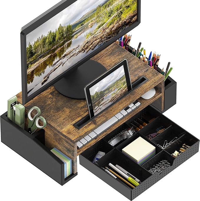 Simple Houseware Desk Monitor Stand Riser w/ Adjustable Tray, Rustic Brown | Built-In Tablet Slot and Side Storage - Image 2