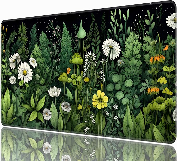 Green Vintage Plants Desk Mat, XXL 35.4"x15.7" Large Mouse Pad, Wildflowers Extended Gaming Mouse Mat,Non-Slip Rubber Base Waterproof with Stitched Edges for Gaming Office Home Decor by Unknown