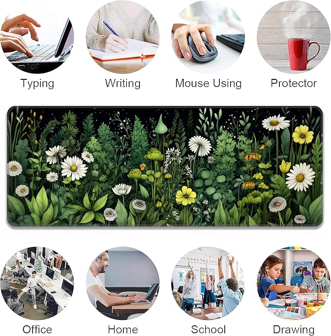 Green Vintage Plants Desk Mat, XL 31.5"x11.8" Large Mouse Pad, Wildflowers Extended Gaming Mouse Mat,Non-Slip Rubber Base Waterproof with Stitched Edges for Gaming Office Home Decor - Image 6