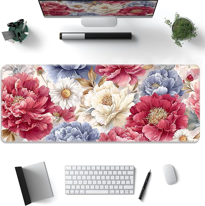 Japanese Minimalist Floral Desk Mat, XL 31.5"x11.8" Large Mouse Pad, Art Flowers Extended Gaming Mouse Mat,Non-Slip Rubber Base Waterproof with Stitched Edges for Gaming Office Home Decor - Image 2