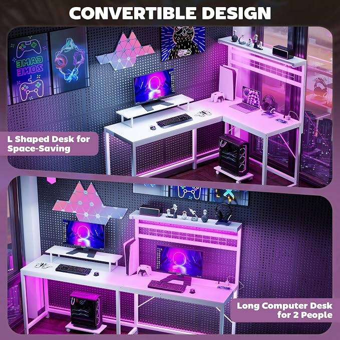 HOMCOM Gaming Desk 62" 2 Person L Shaped Desk, Power Outlets, LED, White - Image 6
