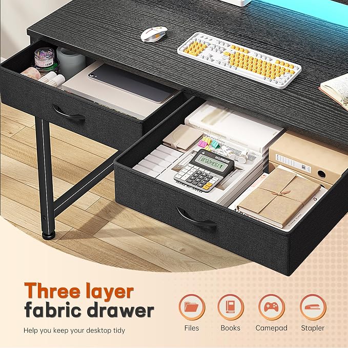 DurayLoly 31Inch Office Computer Desk with LED Lights & 2 Fabric Drawers, Gaming Desk with Side Pocket & Ergonomic Monitor Stand, Small Space Study Writing Table with Anti-Tip Design,Black - Image 4