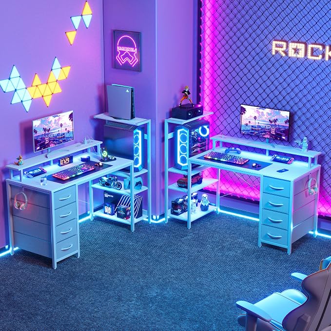 51 Inch Gaming Desk with Drawers & PC Tower Stand & LED Lights, White - Image 8