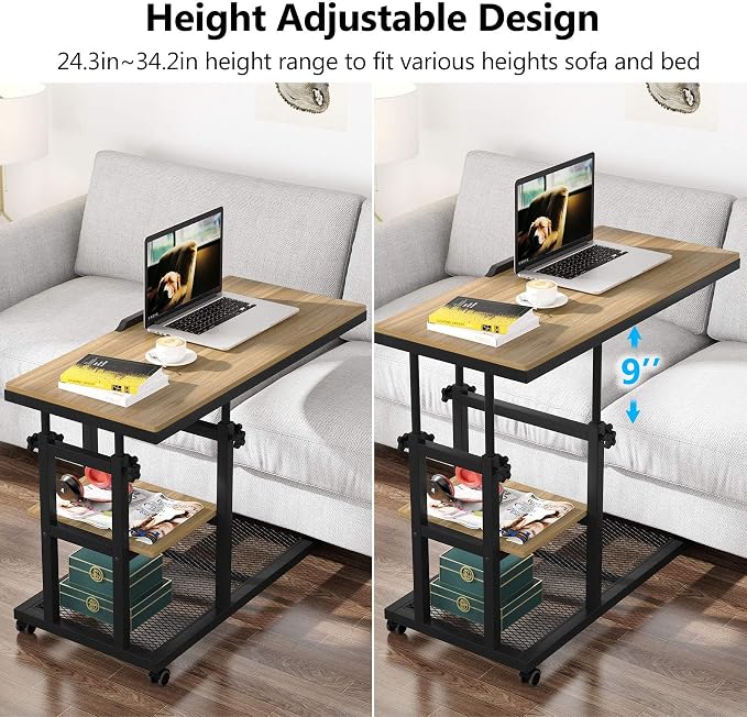 Tribesigns Height Adjustable C Table with Wheels, Mobile Couch Snack Side Table with Tiltable Drawing Board, Sofa Bedside Laptop Stand C Shaped TV Tray with Storage Shelves (Black+Oak) - Image 7