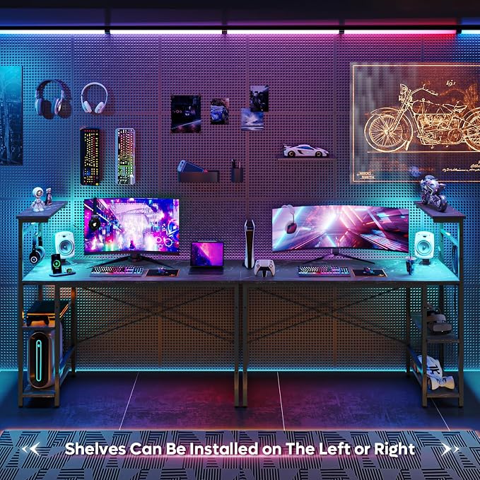 Bestier Gaming Desk with LED Lights, 51.3 Inch Computer Desk with 4 Tiers Reversible Shelves, Gamer Desk with Side Storage Bag, Hooks and Height Adjustable Shelf (Black Marble) - Image 4