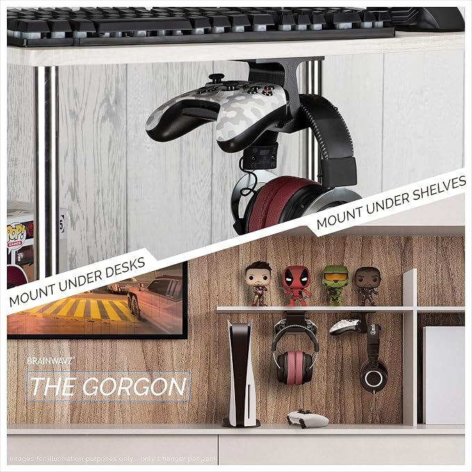 BRAINWAVZ The Gorgon - Under Desk Game Controller & Headphone Holder for XBOX, PS4, PS5, Series One, Steelseries, PC & Most Gamepads & Headsets, Screwless Hanger Stand, Black - Image 4