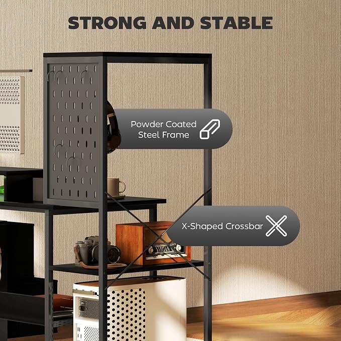 HOMCOM 56" Gaming Desk Monitor Stand Power Outlets LED Lights, Black | Computer Desk, Storage Shelves, Fabric Drawers, 2 CPU Stands, Pegboard, Home Office - Image 8