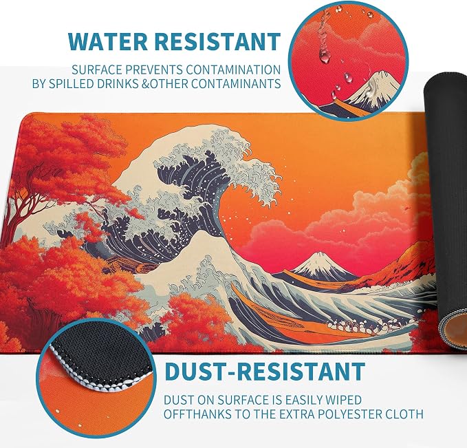 Japanese Sea Wave Mouse Pad Red Desk Mat XL Mouse Gaming Pads, Sea Keyboard Pads Extra Large Desktop Computer Mats with Non-Slip Base & Stitched Edges, Vintage Office Decor 31.5x11.8 - Image 6