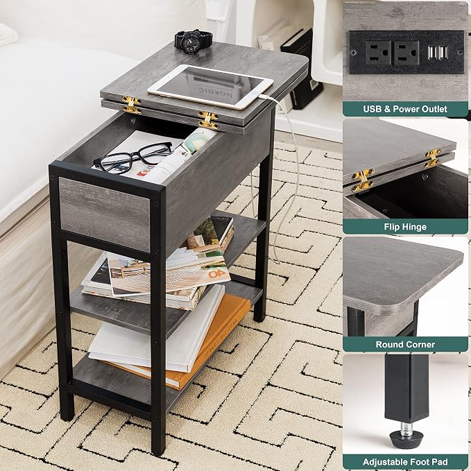 Yoobure End Table with Charging Station, Flip Top Side Table with USB Ports and Outlets, Sofa Couch Table Bedside Table for Living Room Bedroom, Narrow Nightstand with Shelves for Small Space Gray - Image 4