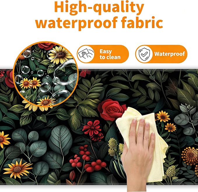 Floral Plant Desk Mat, XXL 35.4"x15.7" Large Mouse Pad, Dark Flower Extended Gaming Mouse Mat,Non-Slip Rubber Base Waterproof with Stitched Edges for Gaming Office Home Decor - Image 4