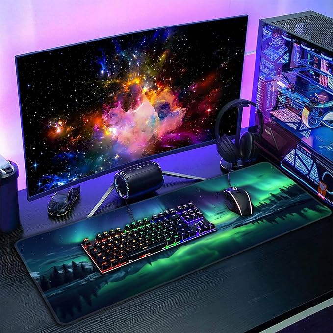 Green Aurora Desk Mat, XXL 35.4"x15.7" Large Mouse Pad, Aesthetic Extended Gaming Mouse Mat,Non-Slip Rubber Base Waterproof with Stitched Edges for Gaming Office Home Decor - Image 7