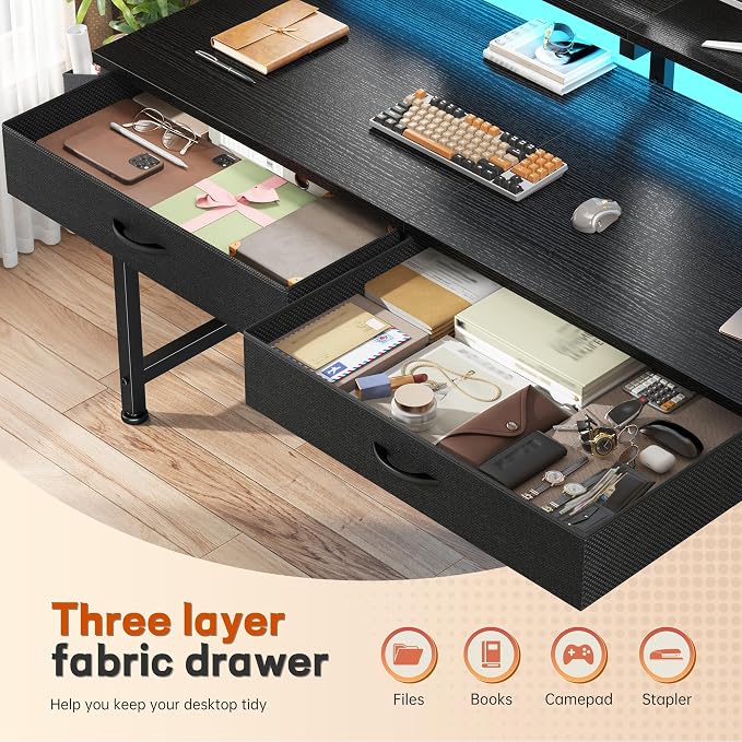 DurayLoly 47.3" Office Computer Desk with LED Lights &2Fabric Drawers,Black - Image 6