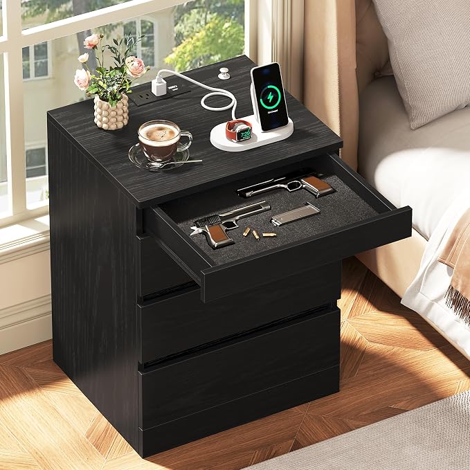 Nightstand with Hidden Lock Gun Drawer, 4 Drawers Night Stand with Charging Station, Modern Night Stand for Bedroom, Office, Black by Yusong