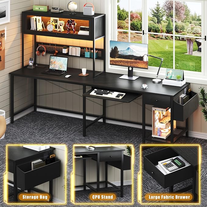 L Shaped Gaming Desk with Power Outlets & LED Lights, 49'' Reversible Computer Desk with Hutch & Pegboard & Display Cabinet, Corner Home Office Desk with Drawer & Keyboard Tray & Storage Bag, Black - Image 6