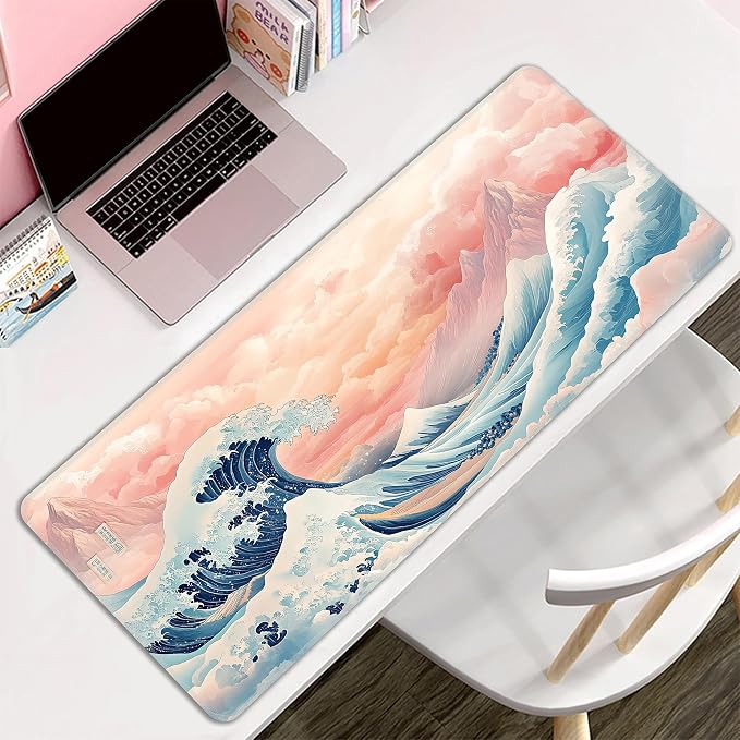 Japanese Sea Wave Desk Mat, XL 31.5"x11.8" Large Mouse Pad, Pink Clouds Extended Gaming Mouse Mat,Non-Slip Rubber Base Waterproof with Stitched Edges for Gaming Office Home Decor - Image 8