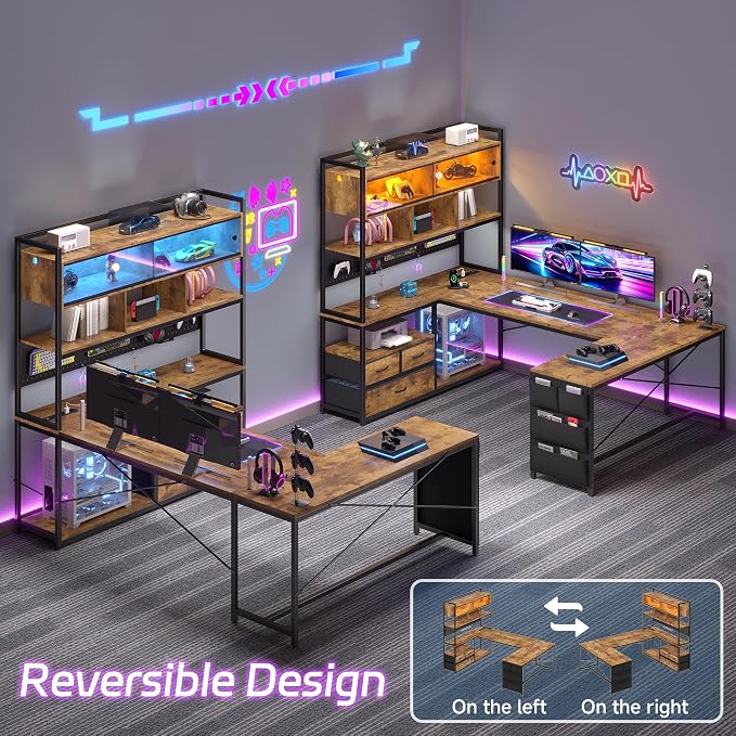 busyeah U-Shaped Gaming Desk with Storage Shelves & 3 Drawers, Rustic Brown | Reversible Computer Desk with LED Lights & Charging Station, Gaming Desk with Hutch and Pegboard for Home Office, Gamers - Image 8