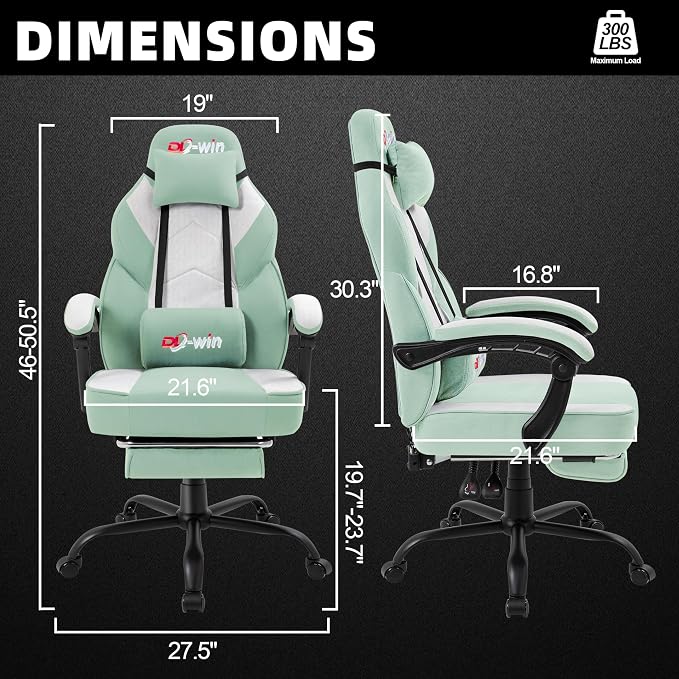 Shintenchi Big and Tall Gaming Chair Fabric Pocket Spring Cushion,High Back Recliner with Footrest and Headrest for Adults, Massage Lumbar Support for Home Office, Ergonomic Computer Desk Chair, Green - Image 3