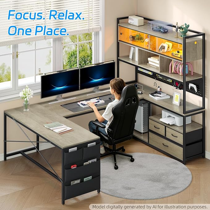 busyeah U-Shaped Gaming Desk with Storage Shelves & 3 Drawers, Oak Gray | Reversible Computer Desk with LED Lights & Charging Station, Gaming Desk with Hutch and Pegboard for Home Office, Gamers - Image 8