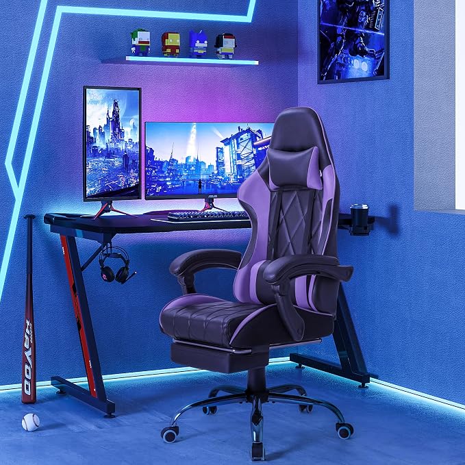 Homall Gaming Chair, Computer Chair with Footrest and Massage Lumbar Support, Ergonomic High Back Video Game Chair with Swivel Seat and Headrest (Purple) - Image 2