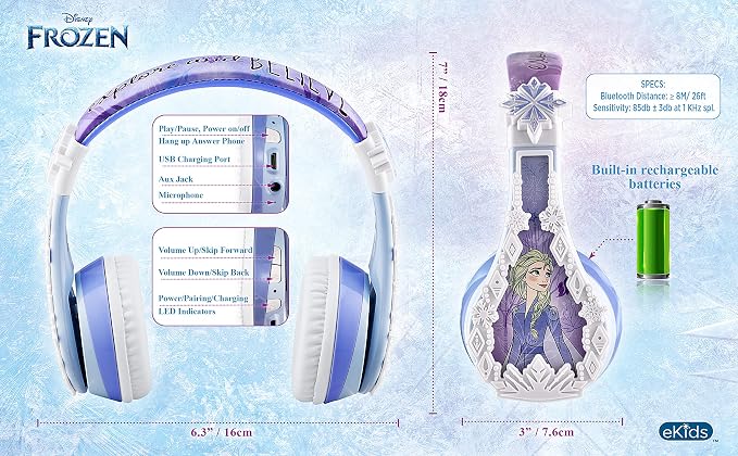 eKids Disney Frozen 2 Bluetooth Headphones with Microphone, Volume Reduced to Protect Hearing, Adjustable Wireless Headphones for School Home Travel, for Fans of Anna and Elsa - Image 4
