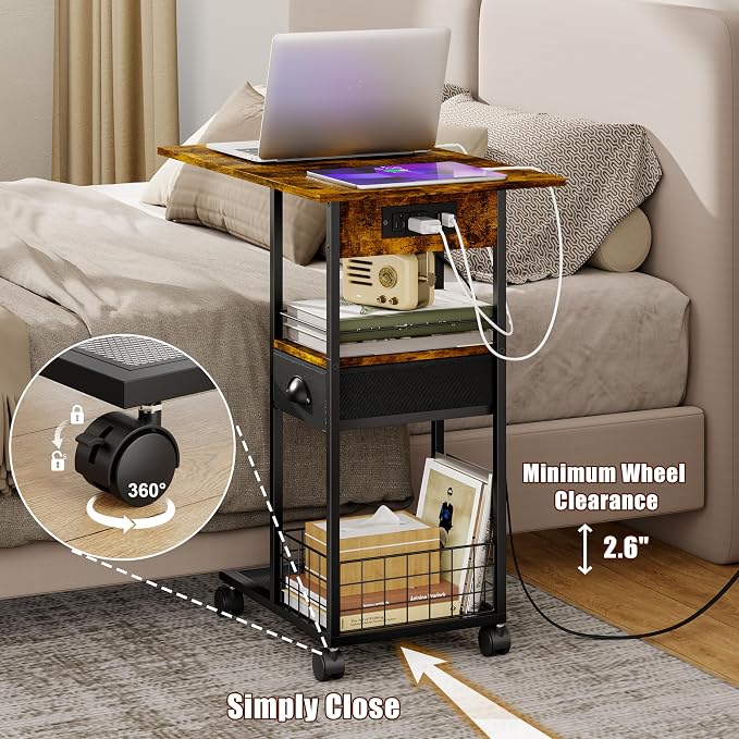 Rolling C-Shaped Side Table with Charging Station, Night Stand with Type-C & USB Port and Outlet for Bedroom, Spacious Coffee Table with Wheels for Living Room, Home Office, Small Space(Large Desktop) - Image 6