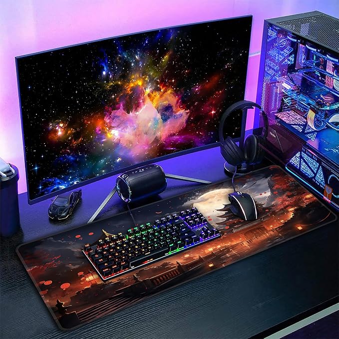 Japanese Desk Mat, XXL 35.4"x15.7" Large Mouse Pad, Full Moon Extended Gaming Mouse Mat,Non-Slip Rubber Base Waterproof with Stitched Edges for Gaming Office Home Decor - Image 7