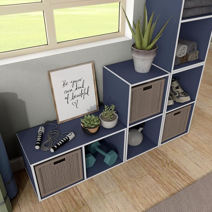 Homes: Inside + Out Apexa 2-Cube Storage Organizer Shelves, Stackable Wood Bookcase Fits Cubby Bins for Organization, Dorm Teen Room Decor & Home Office, Steel Blue - Image 9
