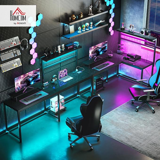 HOMCOM Gaming Desk 62" 2 Person L Shaped Desk, Power Outlets, LED, Black - Image 2